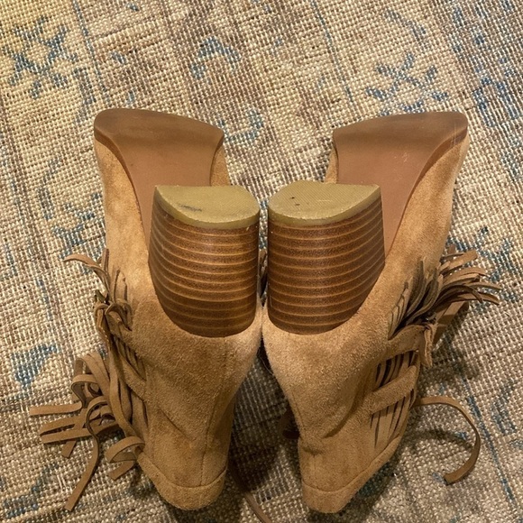 Chico's Ankle Leather Suede Fringed Slip on Buckle Cowgirl Boots Tan Size 8M - Picture 7 of 11